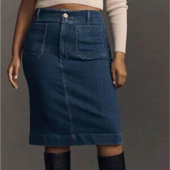 Anthropologie x Maeve Denim Pencil Skirt Dark Wash Pockets Cotton Stretch Sz XS - Picture 1 of 10